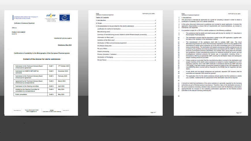Projet de lignes directrices sur le « Contenu du dossier pour les substances stériles » publié pour consultation publique
